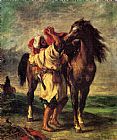 Eugene Delacroix Famous Paintings - A Moroccan Saddling A Horse
